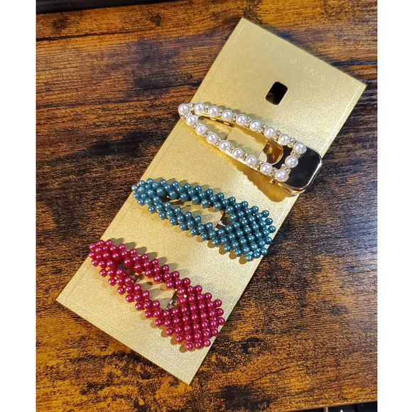 Holiday Lane for Macy 3PC Gold-Tone Multicolor Imitation Pearl Hair Clip Set - Picture 1 of 5